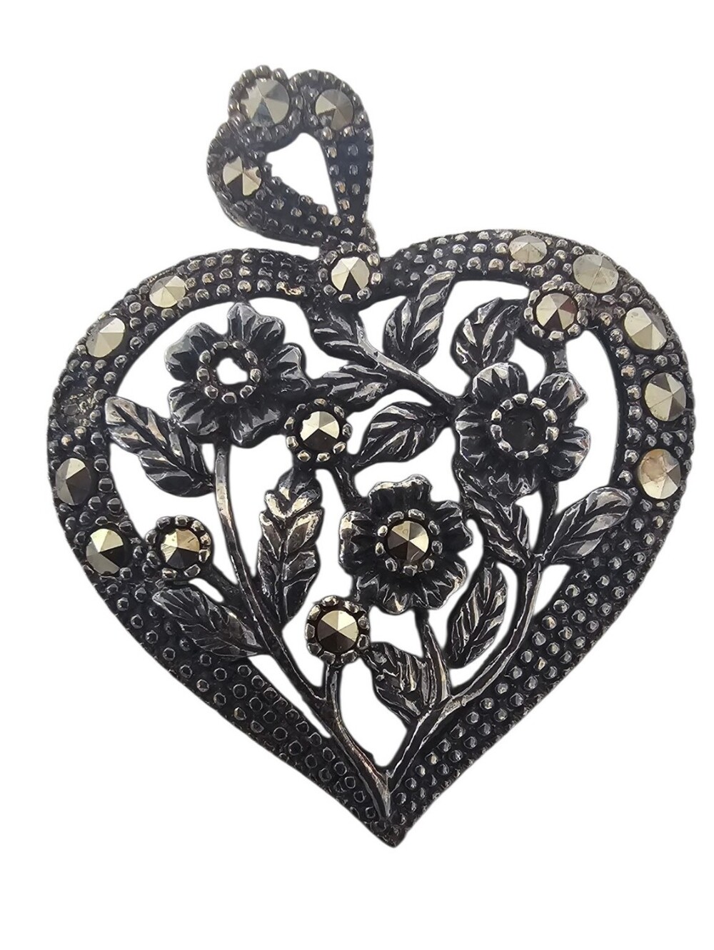 Jennifer Sterling Silver Marcasite Floral Heart Pendant Necklace 18"
